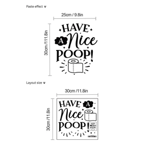 Detail of PVC toilet sticker with 'HAVE A Nice POOP!' text and size specifications