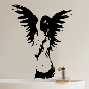 Detail of creative waterproof PVC wall sticker featuring a large winged girl silhouette