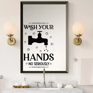 Selbstklebender Badezimmer-Wandsticker Wash Your Hands auf Spiegel mit Wasserhahn-Grafik
