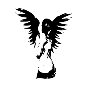 Minimalist black and white silhouette wall sticker of a winged female angel figure