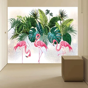 Tropical Flamingo Green Leaves Wall Stickers PVC Removable Self Adhesive Wall Decals For Living Room Bedroom Home Decor