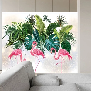 Tropical flamingo and monstera leaf wall stickers for a modern living room decor