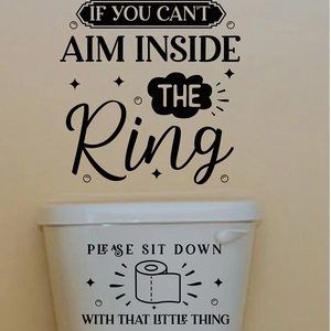 Humorous black vinyl bathroom wall decal set with aim inside the ring lettering