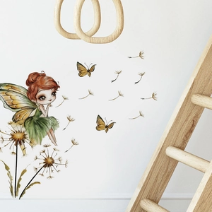 Cartoon butterfly fairy wall sticker for kids room with dandelions on white wall