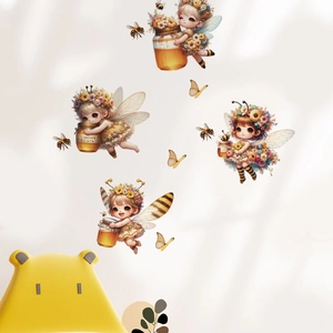 Removable PVC wall sticker featuring fairy honey bees and colorful butterflies for home decor