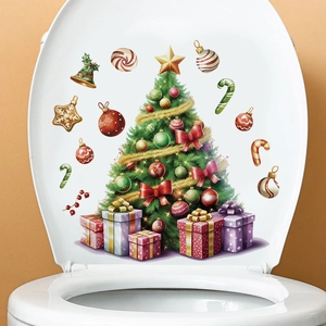 Detailed Christmas tree toilet sticker with gift boxes and festive ornaments on white lid