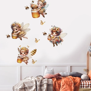 Whimsical bee fairy wall stickers for children's room with butterfly and honey accents