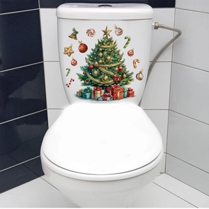 Detail of Christmas tree toilet tank stickers with colorful gifts and festive ornaments
