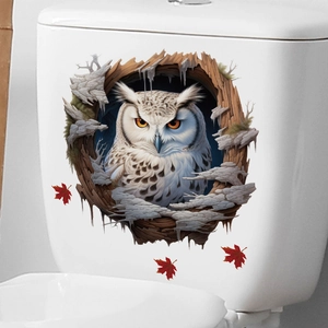 3D owl peeking from wooden tree hole wall sticker with red maple leaves detail