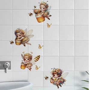 Detail of cute honey fairy wall stickers on white tiles with green plant and faucet