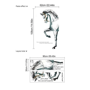 Detail of artistic horse sketch wall decal with layout size and finished effect dimensions