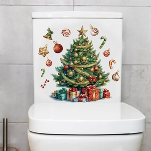 Close-up of festive Christmas tree toilet sticker with gingerbread man and gift boxes