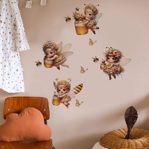 Detail view of removable PVC wall stickers featuring honey bee fairies and butterflies