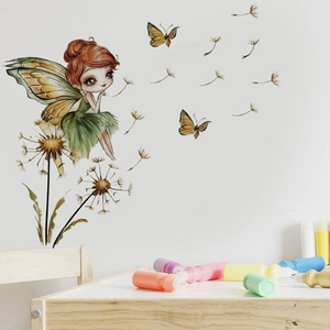 Detail of fairy wall sticker on white wall with dandelion and yellow butterflies