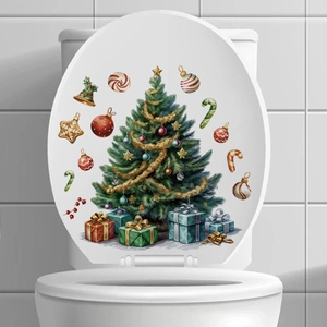 Christmas tree toilet seat decal with colorful gift boxes and festive PVC ornaments