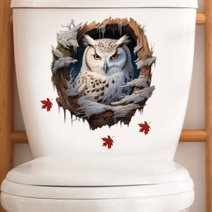 Detailed 3D owl wall sticker on toilet tank with stone tree hole and red autumn leaves