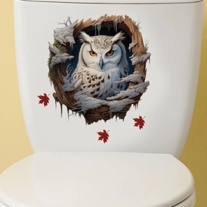 Detail of 3D owl wall sticker in tree hole with red maple leaves on white surface