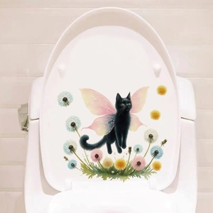 Removable black cat sticker with colorful dandelions on a white toilet lid