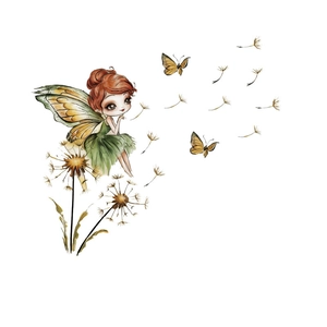 Watercolor fairy wall sticker sitting on dandelion with butterflies for room decoration