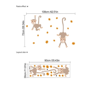 Cartoon monkey wall sticker with maple leaves for living room, size 108x72cm