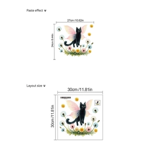Detailed view of cat wall decal showing layout size 30x30cm and final paste effect dimensions