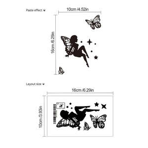 Detail showing dimensions of butterfly and fairy wall stickers on 16cm x 10cm layout