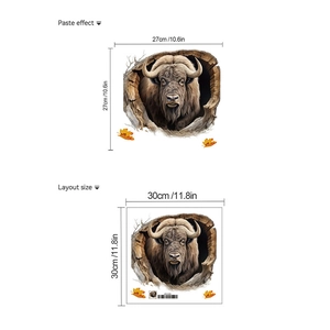 Detailed dimension guide showing 3D bison tree hole wall sticker layout and paste size