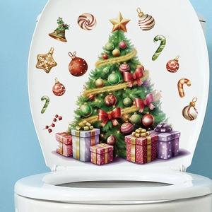 Christmas Tree Toilet Sticker PVC Removable Bathroom Decal Festival Wall Art For Home Holiday Party Decor
