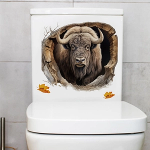 Realistic 3D brown buffalo peeping from a tree hole wall sticker for bathroom decor
