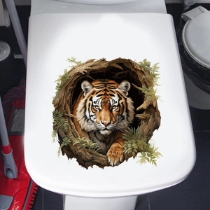 3D realistic tiger sticker in tree hole design for bathroom toilet lid decoration