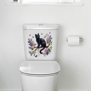 Detail of cartoon black cat wall sticker with purple lilac flowers and butterflies on toilet