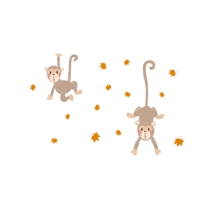 Cartoon monkey wall stickers with falling maple leaves for kids room and living room decor
