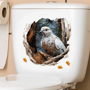 Detailed 3D bird sticker with forest scene and autumn leaves on white toilet tank