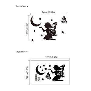 Detail showing layout size and butterfly girl fairy silhouette wall sticker for switches