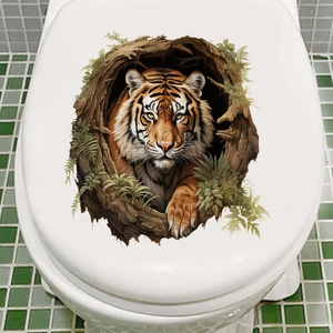 Realistic 3D Bengal tiger peeping from tree hole design on a white toilet lid