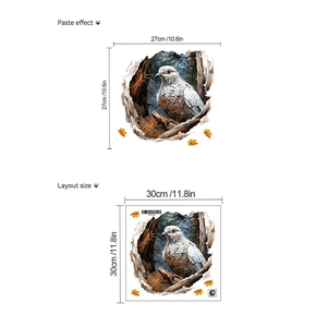 3D tree hole pigeon wall sticker with orange maple leaves showing layout size and effect
