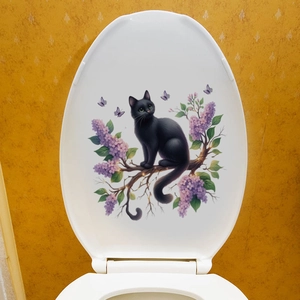 Close-up of black cat and purple lilac flower removable PVC decal on a white toilet lid