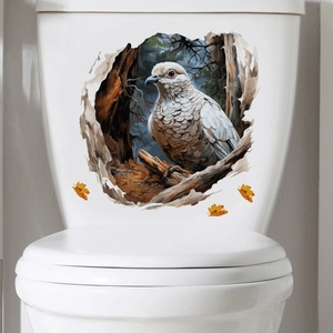 3D realistic bird tree hole and maple leaf waterproof PVC sticker on white ceramic toilet tank