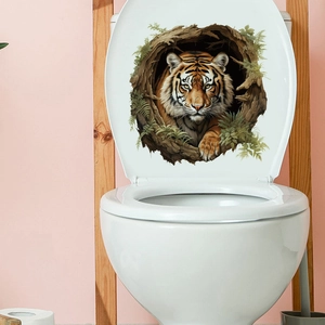 Detailed close-up of a 3D tiger bathroom wall sticker with green forest fern motifs