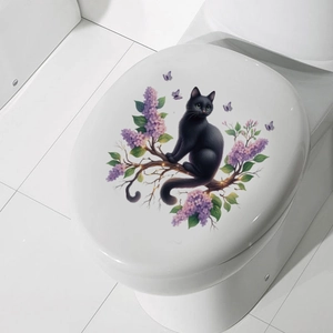 Detail of cartoon black cat and lilac flower decal on white oval toilet lid