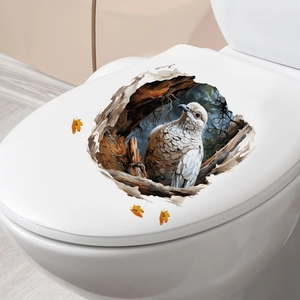 3D realistic bird in tree hole decorative vinyl sticker on a white ceramic toilet lid