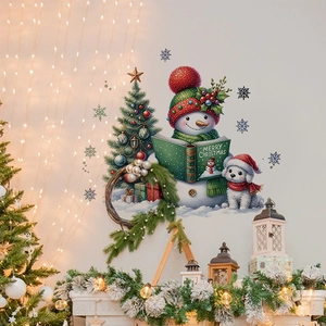Pegatinas navideñas de PVC removibles con muñeco de nieve, cachorro y árbol en pared