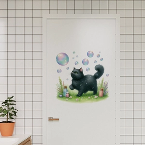 Removable black cat and bubbles PVC sticker applied on a minimalist white interior door