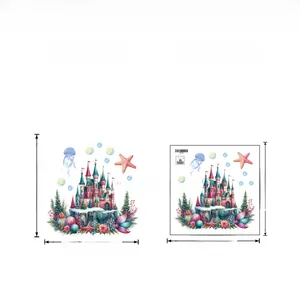 Detailed macro view of pink underwater castle wall decals with jellyfish and bubbles