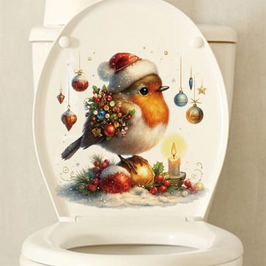 Christmas Robin Bird Toilet Lid Sticker Waterproof PVC Decal Festive Bauble Candle Pine Pattern For Bathroom Decoration