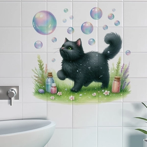 Detail of cute black cat and bubble wall stickers on white tiles in a bathroom setting
