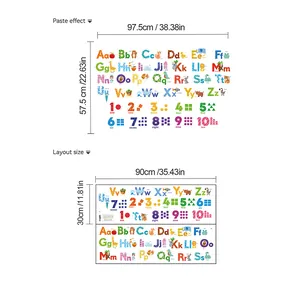 Size guide for kids alphabet wall decals showing layout and finished paste dimensions