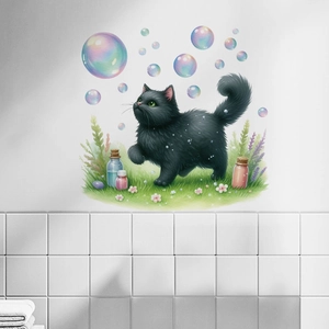 Waterweight hand-painted cartoon black cat with bubbles and flowers PVC wall sticker detail