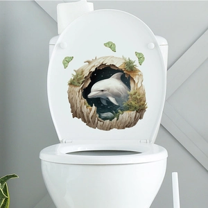 3D ocean dolphin toilet sticker with green butterflies on white ceramic lid