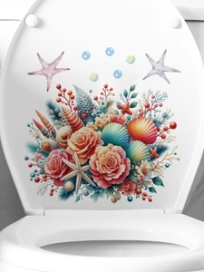 Detail of waterproof toilet lid sticker with pink roses, seashells and ocean motifs